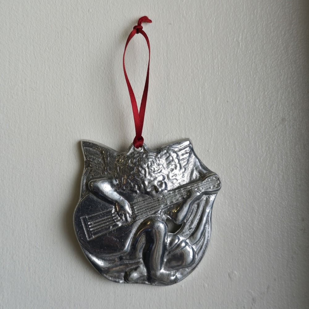 Vintage Wilton Peter Cherub Angel Ornament Playing Lute 2-Sided 2.5-3" Christmas